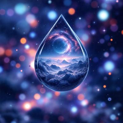 The primary subject of the image is a tear drop, which is the main object, scene, or focus of the image. The setting/background features a blue sky with a few stars, creating a celestial atmosphere. The visual style is digital art, as the tear drop is depicted in a stylized manner. The colors and mood of the image are predominantly blue and serene, with the tear drop symbolizing a sense of sadness or loss.